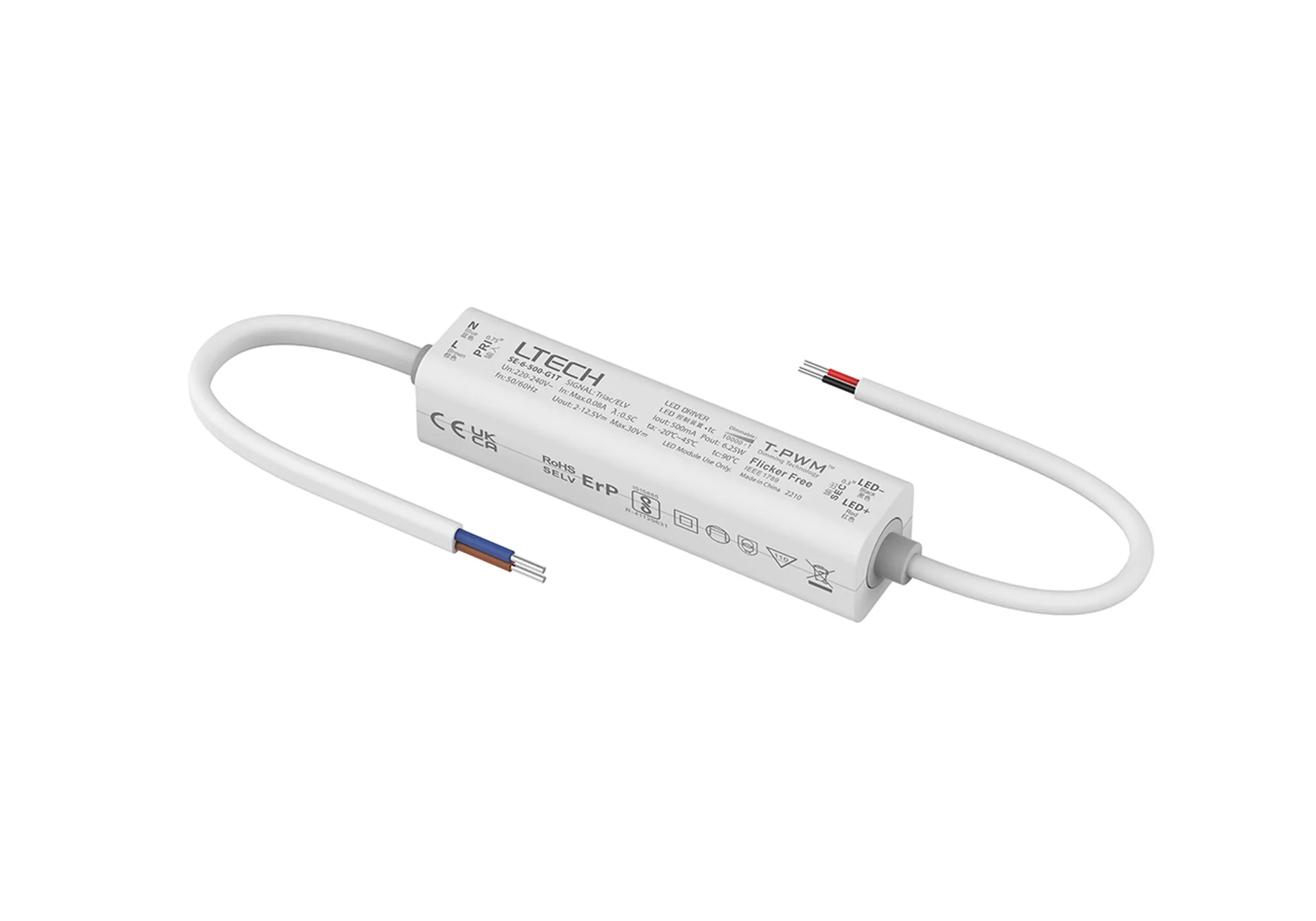 Triac/ELV, PWM,6W, C. Current Dimmable Driver, 500mA, DC:9-42Vdc, EFF>70%, IP20.